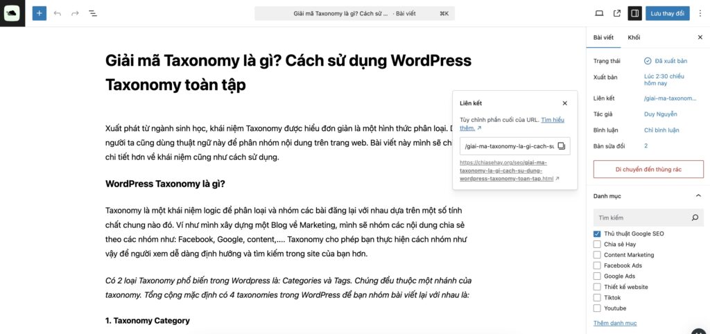 Quản lý WordPress Taxonomy trong Dashboard Categories