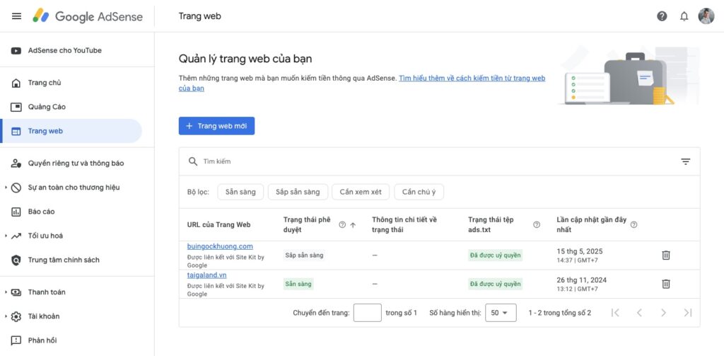 Website được Adsense chấp thuận