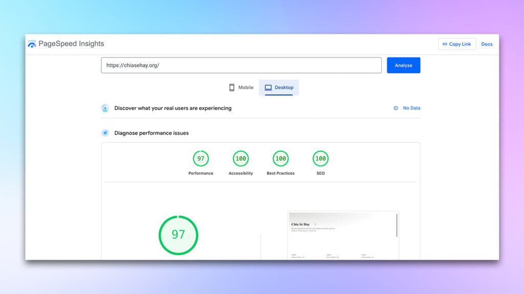Chỉ số điểm pagespeed insight